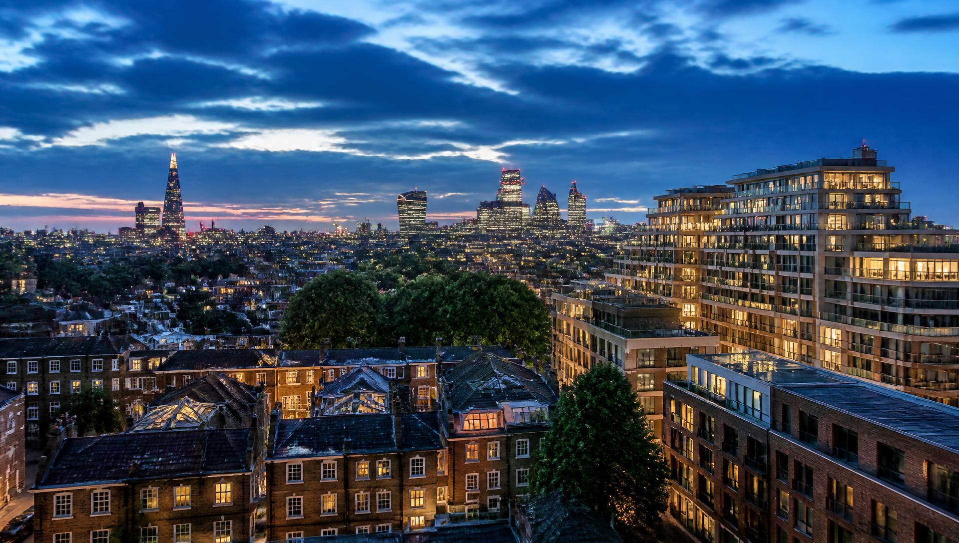 London skyline at dusk with residential property